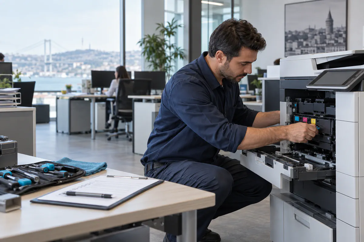 Teknisyen fotokopi makinesinin toner ünitesini değiştiriyor